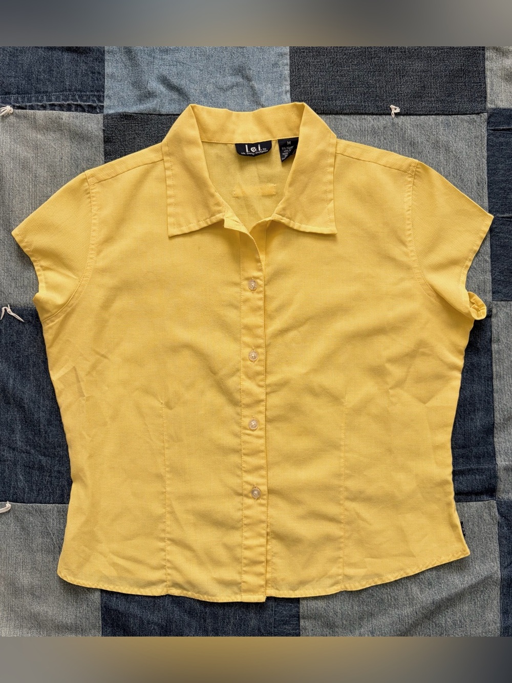 vintage y2k LEI button up fitted yellow blouse grid size M